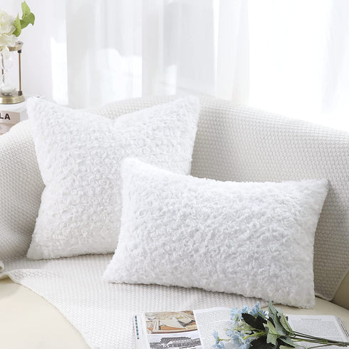 Bright White Fur Throw Pillow Covers 3D Rose Pattern Set of 2 20x20 Inch Fluffy Decorative Pillow Covers for Couch Bed Sofa