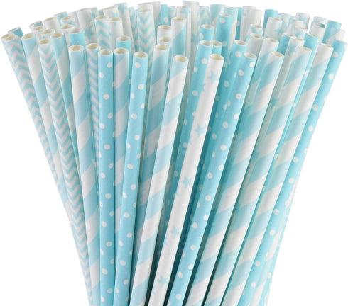 ALINK Biodegradable Light Blue White Paper Straws, Pack of 100 Party Straws for Juice, Cocktail, Smoothies, Birthday, Wedding, Bridal/Baby Shower and Christmas Decorations Supplies