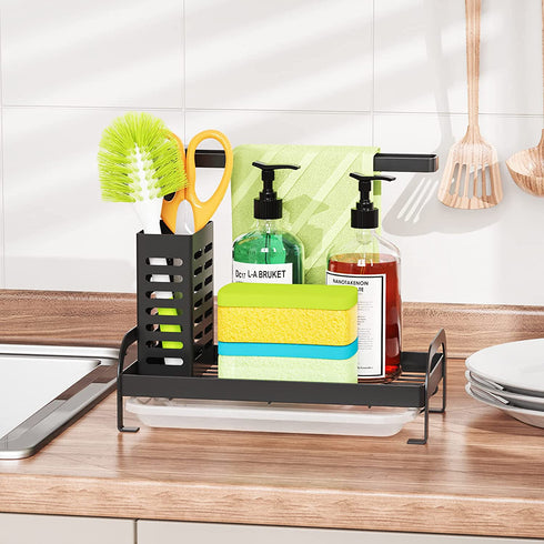 Kitchen Sink Caddy - Tidyway Sponge Holder for Kitchen Sink Brush Dish Rags Soap Holder with Drain Pan Tray, Freestanding Kitchen Sink Organizer, Large Capacity, Black