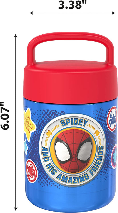 Zak Designs Kids' Vacuum Insulated Stainless Steel Food Jar with Carry Handle, Thermal Container for Travel Meals and Lunch On The Go, 12 oz, Spidey and His Amazing Friends