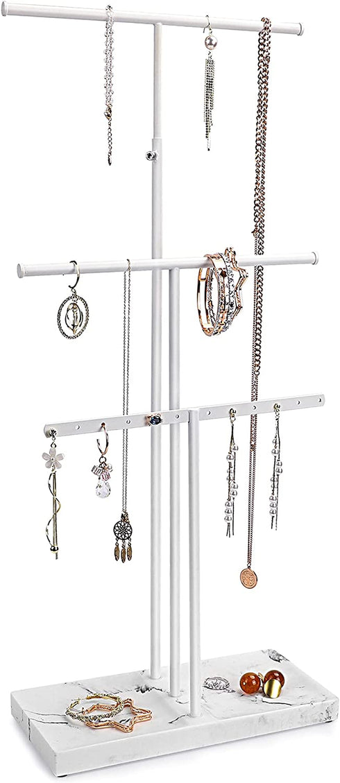 LKKL Jewelry Organizer Stand with Adjustable Extra Long Tier, 3-Tier Jewelry Holder Stand with Resin Tray, Necklace Holder, Jewelry Tree, Jewelry Tower For Earrings, Long Necklaces, Bracelets and Rings- White