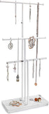 LKKL Jewelry Organizer Stand with Adjustable Extra Long Tier, 3-Tier Jewelry Holder Stand with Resin Tray, Necklace Holder, Jewelry Tree, Jewelry Tower For Earrings, Long Necklaces, Bracelets and Rings- White