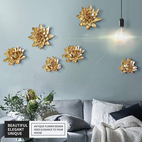 Flower Wall Decor 3D Resin Lotus Wall Hanging Decor Art Decor for Home Dedroom Living Room (Gold, L)