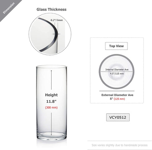 WGV Cylinder Vase, Diameter 5", Height 12", Clear Glass Floral Planter Container, Tall Centerpiece Arrangement for Wedding Party Event Home Office Decor, 1 Piece