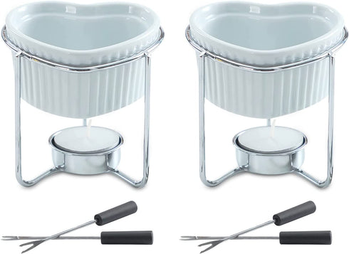Yumchikel 2 Pieces Fondue Set, 4 oz Heart Shaped Ceramic Melting Pot with Serving Fork, Steel Stand, and Tea Light Candle, Fondue Pot Set for Melting Butter, Chocolate, Cheese and Serving Seafood