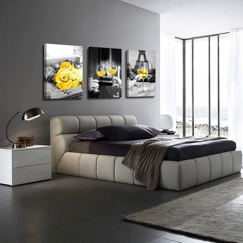 Yellow Kitchen Decor Yellow Rose Kitchen Wall Art Dining Room Decor Wine Glass Kitchen Wall Decor Black and White Canvas Wall Art Paintings Prints Pictures Framed Artwork for Home Kitchen Decorations (yellow rose, 12 INx16 INx3PCS(30cmx40cmx3)