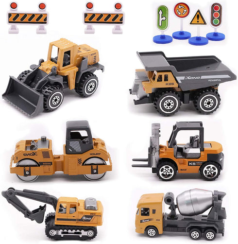 Childom Alloy Construction Engineering Vehicle Toys Set 12 Pack Stacker,Big Forklift,Heavy Duty Roller,Excavator,Heavy Transport Vehicle,Engineering Mixer Set for Kids Boys