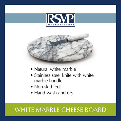 RSVP International Cheese Board & Knife, 10 Inch, White Marble