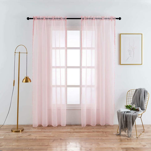 MISS SELECTEX Linen Look Pom Pom Tasseled Sheer Curtains - Rod Pocket Voile Semi-Sheer Curtains for Living and Bedroom, Set of 2 Curtain Panels (42 x 95 inch, Baby Pink)