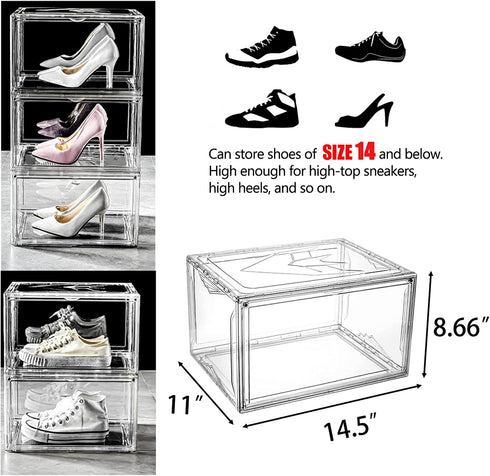 Clear Shoe Box, Stackable Plastic Sneaker Box Container, Magnetic Side Open Shoe Organizer and Shoes Storage Case, Full Transparent to Display Sneakers