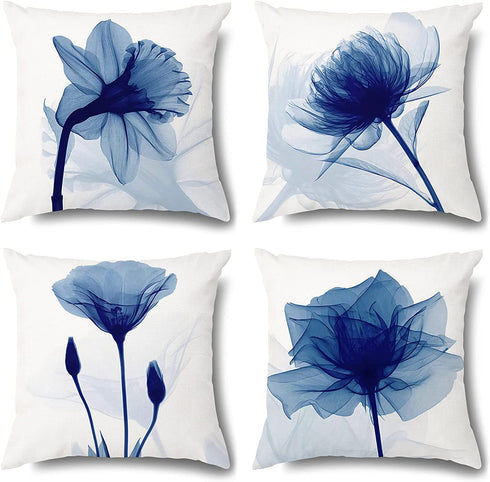 Wyooxoo Blue Pillow Covers 18x18 Set of 4 Decorative Floral Throw Pillow Cover for Couch Modern Outdoor Pillows Case for Sofa Living Room Cushion Bed Navy Blue and White Home Decor