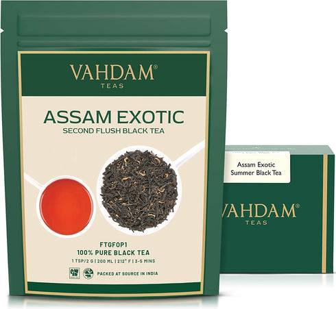 VAHDAM, Fresh Harvest Assam Tea Leaves with Golden Tips, 3.53 Oz (50 Cups) - Strong, Malty & Rich - Exotic Assam Tea Loose Leaf - 100% Certified Pure Assam Black Tea - English Breakfast Tea