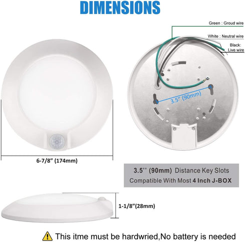 Closet Lights Motion Sensored Indoor Ceiling Mount LED- 10W 5000K Closet Stair Porch Ceiling Pantry Motion Activated Light, 6-7/8 Inch 90CRI 600lm Hardwire to Junction Box, No Battery, Damp Rated ETL