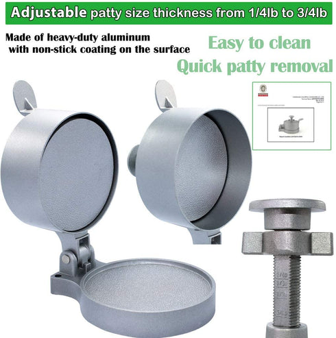 laffeya Burger Press, Hamburger Maker with 50 Non Stick Patty Papers, Adjustable Burger Press Makes 4 1/2" Patties, 1/4Lb to 3/4Lb (Burger Press with Paper)
