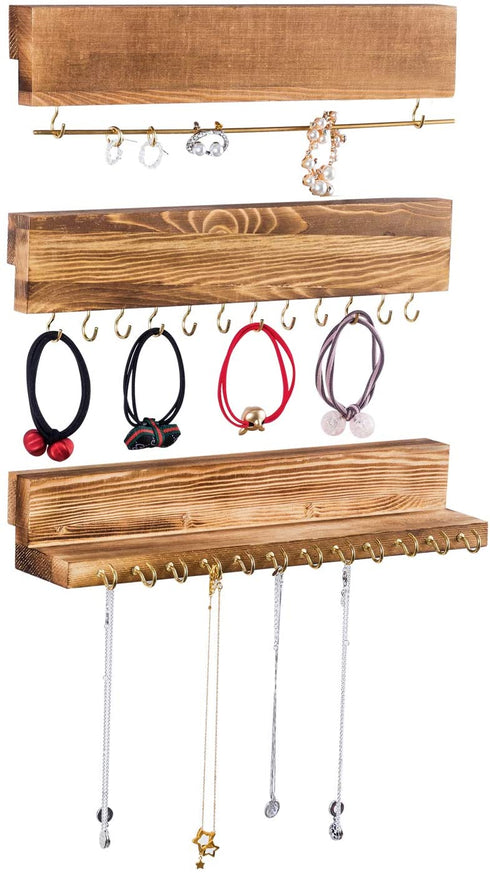 Jewelry Organizer Wall Mounted Set of 3, Wood Hanging Jewelry Organizer Holder with Removable Bracelet Rod and 24 Hooks, Display for Hanging Rings, Earrings, Necklace Holder (Rustic brown)€¦
