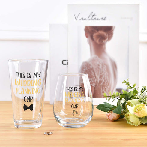 This Is My Wedding Planning Cup Stemless Wine Glass and Beer Glass Set, Wedding Gifts, Engagement Gift Set for Newlywed New couple Her Him Fiancee Fiance Bride Lovers Friends Women Men, 12Oz