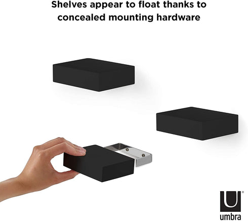 Umbra 325560-040 Showcase Shelves Set Gallery Display, Floating Wall Shelf for Small Objects and More (Set of 3), Black