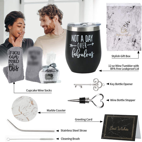 Birthday Gifts Set for Women, Not a Day Over Fabulous Tumbler, Fathers Day Funny Christmas Gifts Ideas for Women, Mom, Wife, Men, Husband, Dad, Sister, Aunt, Friends,12oz Tumbler with Lid (Black)