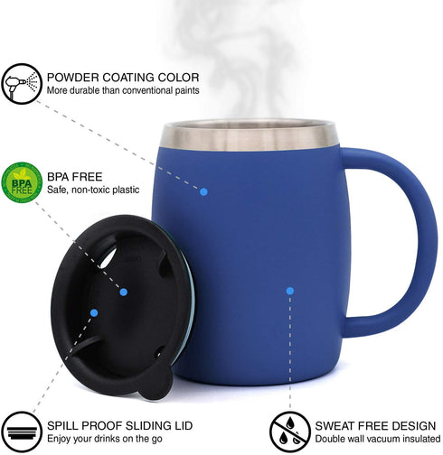 Stainless Steel Insulated Coffee Mugs Set of 2 (14oz) Double Wall Coffee Cups With Spill Resistant Lid & Strong Handle Shatterproof Cups for Cold Drinks & Hot Beverages - for Indoor & Outdoor Use
