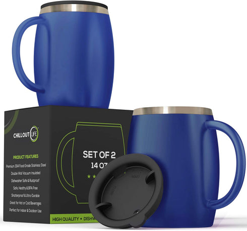 Stainless Steel Insulated Coffee Mugs Set of 2 (14oz) Double Wall Coffee Cups With Spill Resistant Lid & Strong Handle Shatterproof Cups for Cold Drinks & Hot Beverages - for Indoor & Outdoor Use