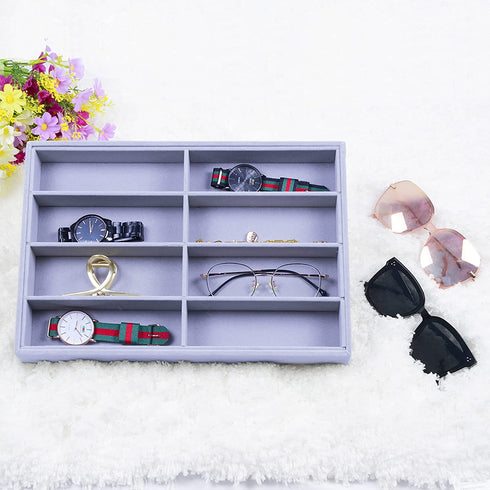 STYLIGING Sunglasses Organizer Storage Tray, 8 Grids Eyewear Watch Holder Display Velvet Jewelry Tray for Drawer, Eyeglasses Glasses Storage Case for Women Men - Gray