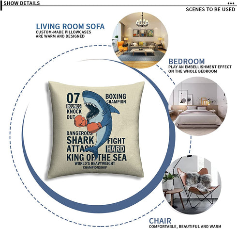 AOOPUC Cartoon Shark Throw Pillow Covers Set of 2 Outdoor Super Soft Breathable Fighter Shark for Kids Throw Pillow Cover Cotton Linen 18 X 18 Inches with Zipper for Living Room Bed Sofa Chair Couch