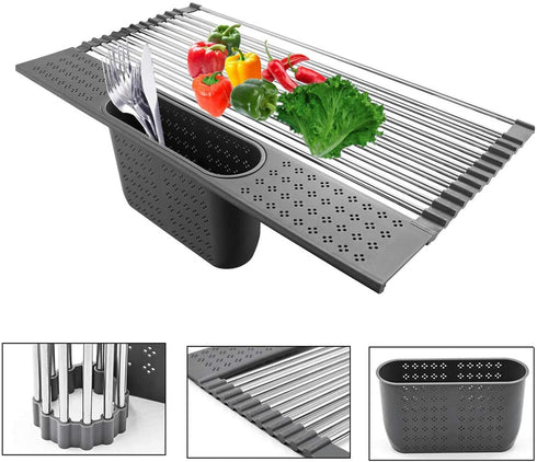 20.5" x 11.8" Large Roll Up Dish Drying Rack for Kitchen, 2 in 1 Design Over The Sink Multi-Function Roll-up Dish Rack and Utensil Plates Holders for Dishes, Vegetable and Fruit-Dark Gray