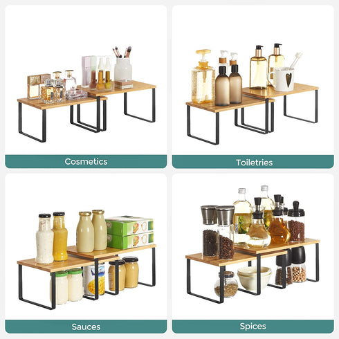 SONGMICS Cabinet Shelf Organizers, Set of 2 Kitchen Counter Shelves, Stackable, Expandable, Metal and Bamboo, Black and Natural UKCS02NB