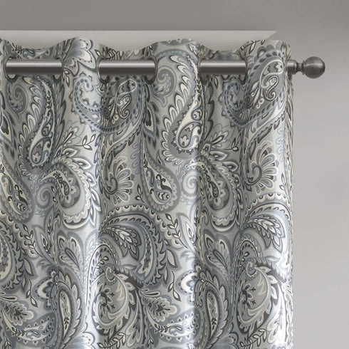 SUNSMART Jenelle Paisley Total Blackout Window Curtains for Bedroom, Living Room, Kitchen, Faux Silk with Traditional Grommet, Energy Savings Curtain Panels, 1-Panel Pack, 50x84, Grey