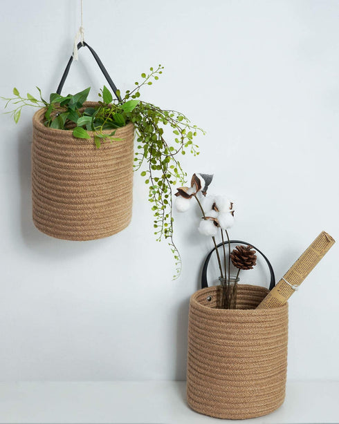 Goodpick 2pack Jute Hanging Basket - 7.87" x 7" Small Woven Fern Hanging Rope Basket Flower Plants Wall Basket Decor Set Boho