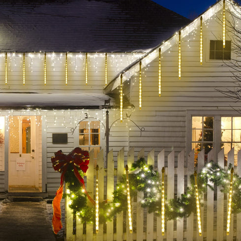 Warm White Meteor Shower Lights,10 Tubes 360 Led 50cm Waterproof Christmas Lights Outdoor, Plug-in Hanging Holiday Fairy String Lights Rain Drop Falling Lights for Xmas Rooftop Patio