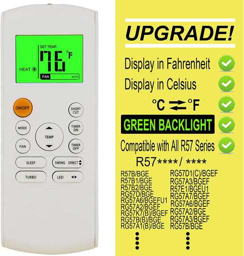 Replacement Remote Control for Midea MRCOOL FRIMEC Klimaire AC Air Conditioner RG57B1/BGE RG57B2/BGE RG57B/BGE RG57/BGE RG57A/BGE RG57A6/BGEF RG57A7/BGEF RG57A6/BGEFU1 RG57E1/BGEU1 RG57H3/BGEFU1