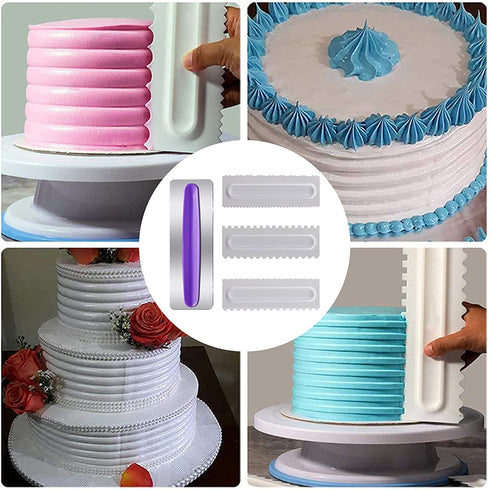 WENMING Cake Scraper Smoother Cake Decorating Comb Set Stainless Steel Cake Icing Smoother Plastic Sawtooth Cake Scraper DIY Decorating Mousse Butter Cream Cake Edge Kitchen Baking Tools(4 Pack)