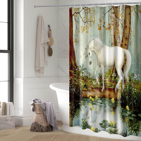 Country Shower Curtains for Bathroom, White Horse Unicorn by Lake Forest Trees Flower Farmhouse Decor Bathroom Curtains Washable Waterproof, Landscape Fabric Shower Curtain Set with Hooks