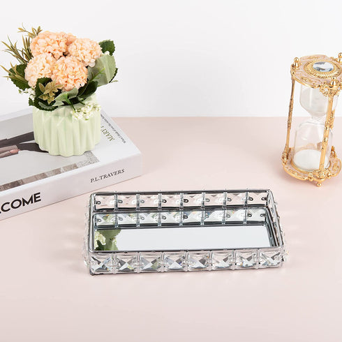 Feyarl Crystal Vanity Jewelry Trinket Tray Anti-Scratch Real Glass Surface Cosmetic Makeup Perfume Essential Oil Holder Display Organizer Storage (8.66 x 4.33 x 1.29inch)