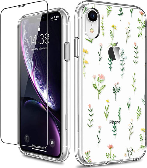 GiiKa iPhone XR Case with Screen Protector, Clear Heavy Duty Protective Case Floral Girls Women Shockproof Hard PC Back Case with Slim TPU Bumper Cover Phone Case for iPhone XR, Small Grass