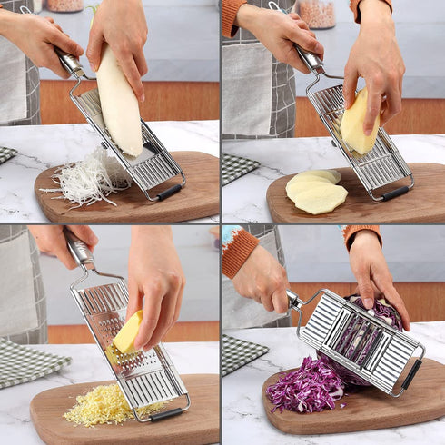 Suuker Multi-Purpose Vegetable Slicer Set,Stainless Steel Cheese Grater & Vegetable Chopper with 4 adjustable Blades for Vegetables, Fruits,Hand-held Shredder Cutter Grater Slicer Kitchen Tool(Silver)
