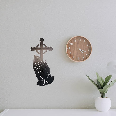 Steel Peaceful Praying Hands with Cross for Prayer - 15"X7" Inch Large Metal Wall Mount Holy Decor and Bibical Hanging Decoration (Black)