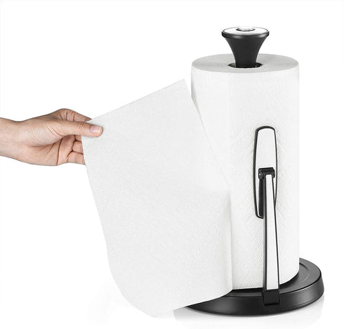 Hystun Standing Paper Towel Holder Tension Arm Paper Towel Holder Stainless Steel Single Tear Paper Towel Holder Countertop Roll Dispenser for Kitchen Countertop & Dining Room Table Black
