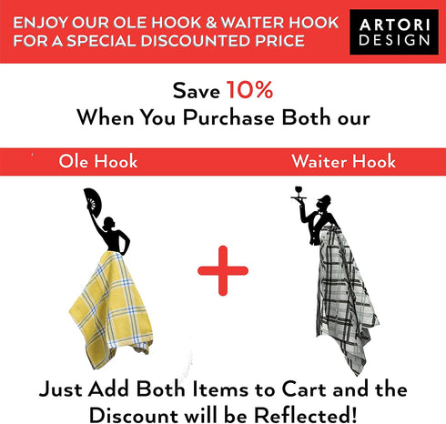 Black Towel Hook Service Waiter - Decorative Wall Hook Towel Hanger for Bathroom or Kitchen - Heavy Duty Wall Mounted Space Saver with Adhesive - Creative Cool Kitchen Towel Hanger