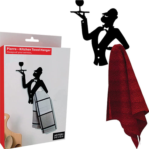 Black Towel Hook Service Waiter - Decorative Wall Hook Towel Hanger for Bathroom or Kitchen - Heavy Duty Wall Mounted Space Saver with Adhesive - Creative Cool Kitchen Towel Hanger