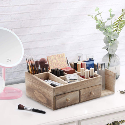 X-cosrack Rustic Wood Desk Cosmetic Office Drawer Jewelry Storage Organizer Box, Countertop Stationery Coffee Supplies Makeup Case for Bathroom Vanities Dresser Table