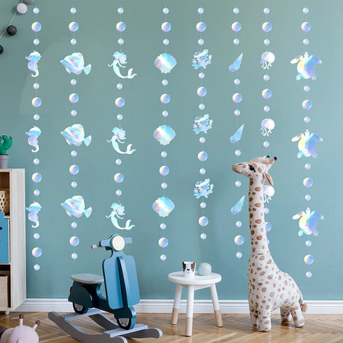 60ft Under the Sea Party Decorations Garland - 8 String Iridescent Mermaid Streamers with Mermaid Jellyfish Shell Conch Hippocampus for Little Mermaid Party Ocean Birthday Baby Shower Decorations