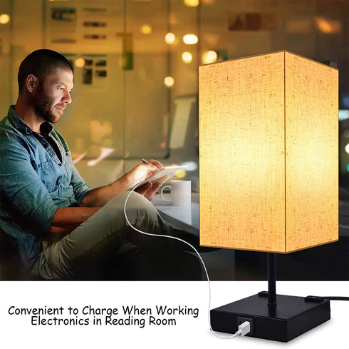 3-Way Touch Control Dimmable Bedside Lamp,Hansang Modern Table Lamp with 2 USB Charging Ports,2 AC Outlets,Nightstand Lamp Square Fabric Lampshade for Bedroom,Living Room,Dimmable LED Bulb Included