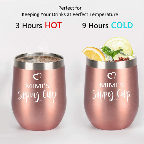 Mimi Gifts for Grandma, Mimi™s Sippy Cup Wine Tumbler with Lid and Straw, Funny Birthday Christmas Gifts for New Grandma, Mimi, Grandmother, Mom, 12 Oz Insulated Stainless Steel Tumbler, Rose Gold