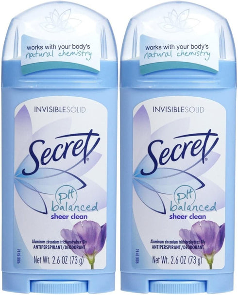 Secret Invisible Solid Antiperspirant Deodorant, Sheer Clean - 2.6 oz - 2 pk
