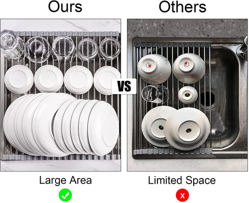 17.7" x 15.5" Large Dish Drying Rack, Attom Tech Home Roll Up Dish Racks Multipurpose Foldable Stainless Steel Over Sink Kitchen Drainer Rack for Cups Fruits Vegetables