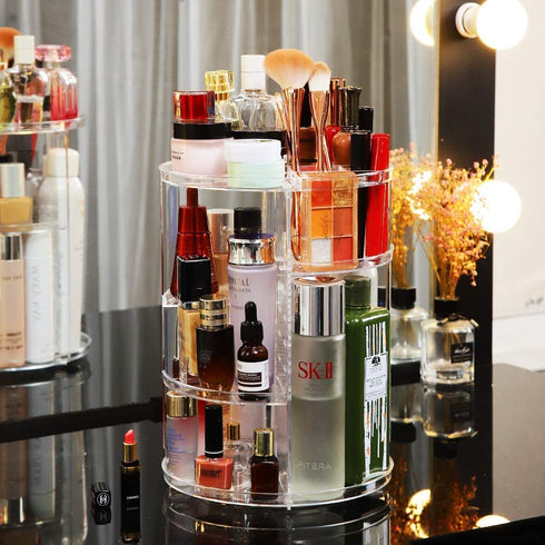 Adjustable Cosmetic Organizer Cosmetics Countertop - Rotating Makeup Storage Acrylic Multi Accessories Organizers Fits Jewelry Toiletry Bathroom (Clear)