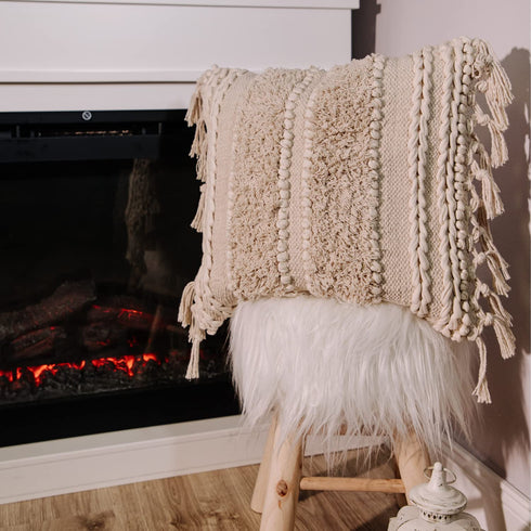 Decorative Boho Pillow Cover, 18x18, Soft Moroccan Rustic Throw with Tufted Accents, Plush Handwoven Cotton, Neutral Farmhouse Home Decor | Made with Love and Care in India