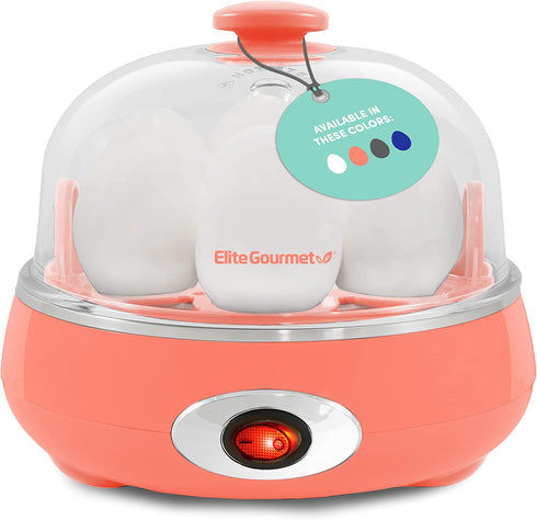 Elite Gourmet EGC007C Rapid Egg Cooker, 7 Easy-To-Peel, Hard, Medium, Soft Boiled Eggs, Poacher, Omelet Maker, Auto Shut-Off, Alarm, 16-Recipe Booklet, BPA-Free, Coral